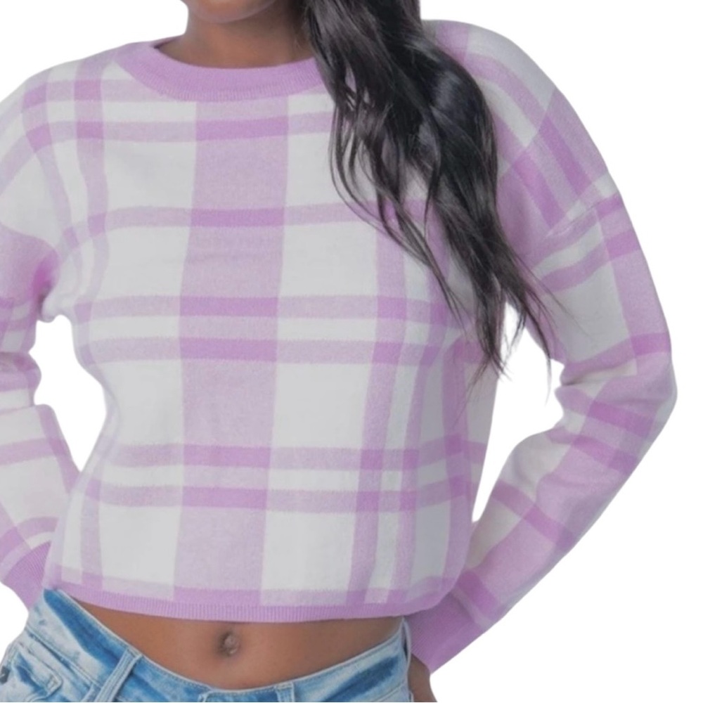 Timing plaid crew neck sweater purple and white print size M